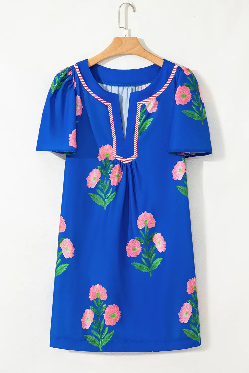 Blue Floral Short Sleeve Split Neck Loose Mini Dress - Love Salve